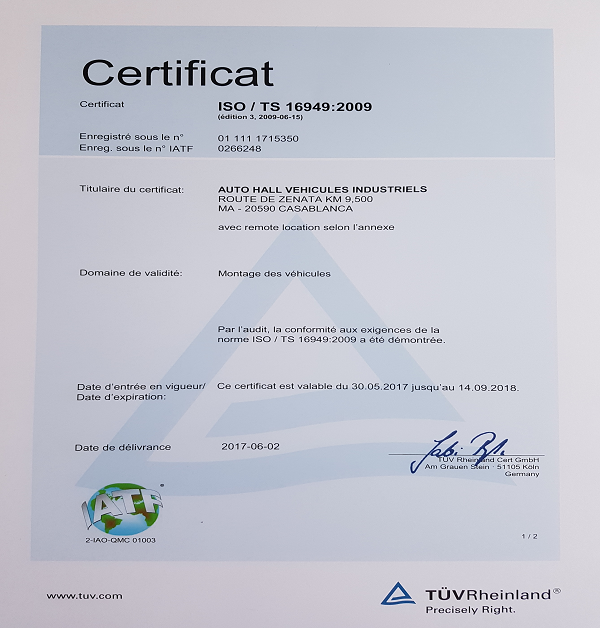 Auto Hall Véhicules Industriels a obtenu la certification ISO/TS 16949 : 2009